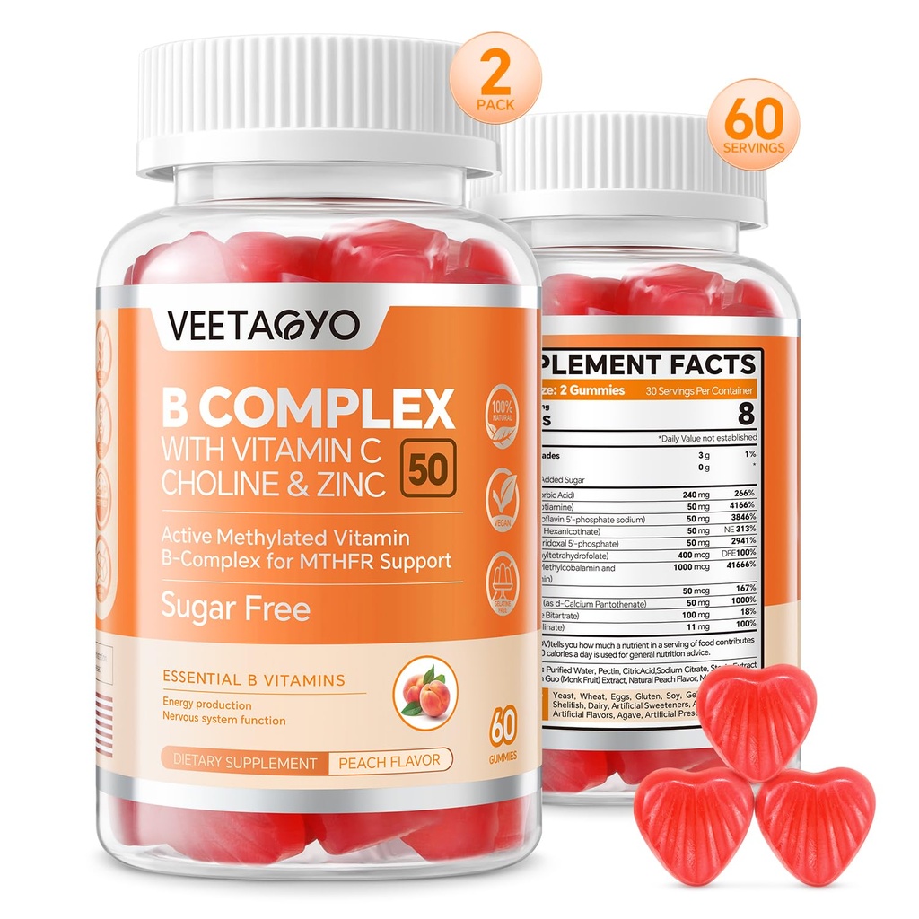 B Complex 50 Gummies , Complex B metilat cu vitamina C, colină și zinc - B-complex activ metilat pentru energie, suport metilat - Toate vitaminele B - B1,B2,B3,B5,B6,B7,B9,B12 - fără zahăr,120 Conte