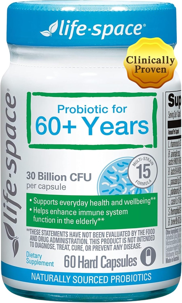 Life-Space Probiotic pentru 60+ Ani, Sprijină Imunitatea și Sănătatea intestinală, Vitalitate gastro-intestinală, Bifidobacterium lactis, 30 miliarde CFU, Multi Strains - 60 Capsule