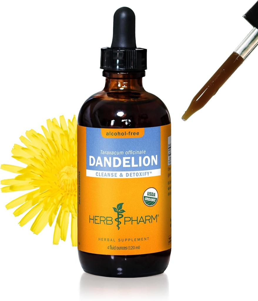 Herb Pharm Certified Organic Dandelion Extract lichid pentru curățare și detoxifiere, Glicerit fără alcool, 4 Once