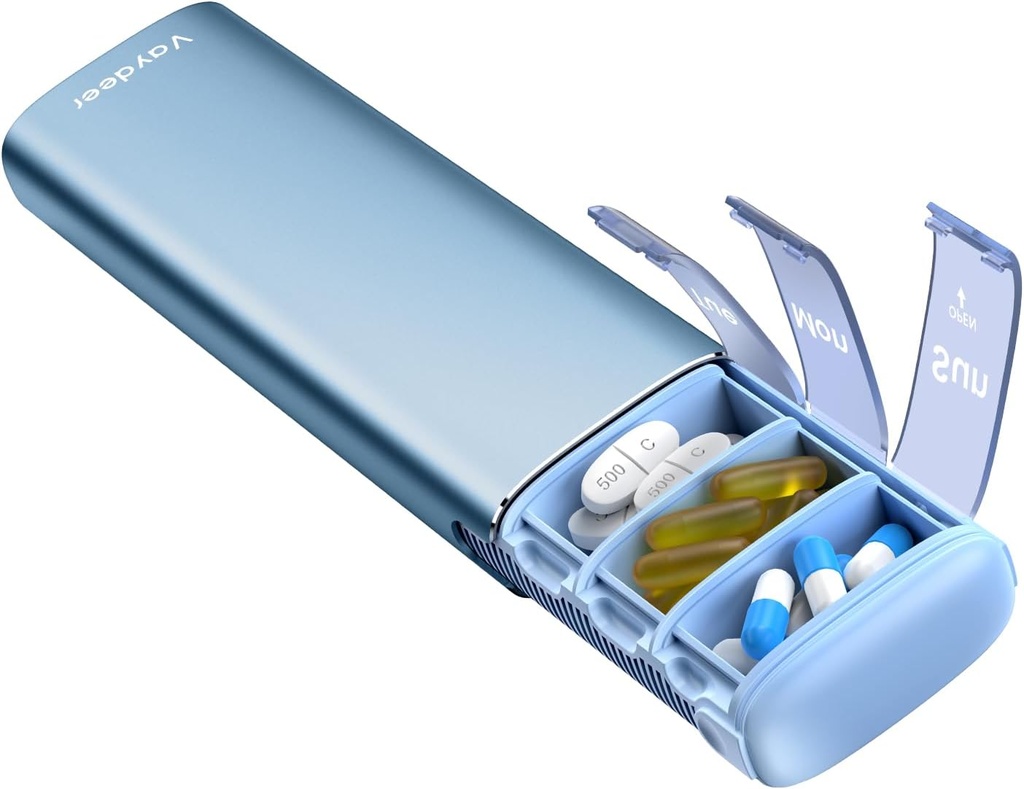 Vaydeer Metal Travel Pill Organizator, 7 zile Săptămânal Pilula cutie, Capacitate mare de zi cu zi drăguț Pilula caz pentru suplimente, pastile, vitamine și medicamente (Small, Blue)