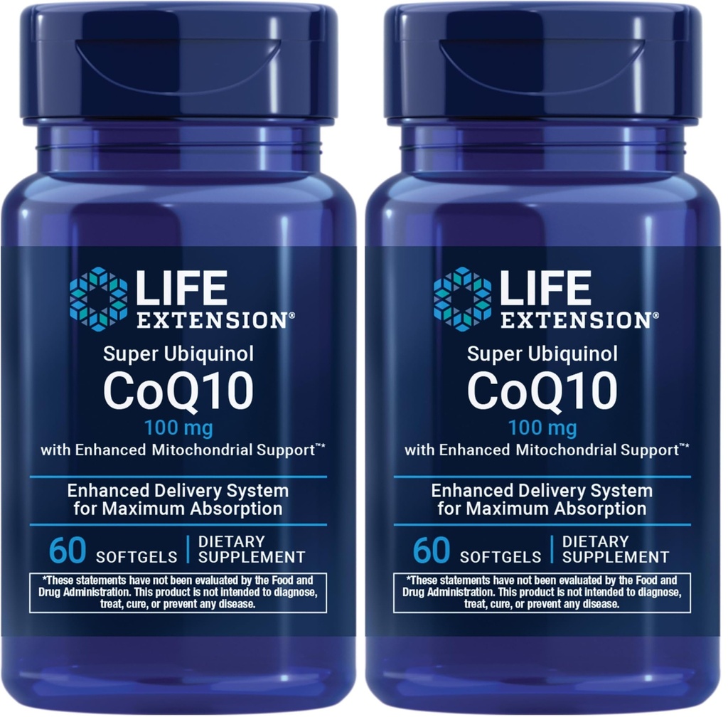 Extensie de viaţă Super Ubichinol CoQ10 cu susţinere mitocondrială îmbunătăţită, Potent Heart Health & Cellular Energy Support,Ultra-absorbable,Gluten-Free,Non-GMO, 100 mg, 60 softgels (Pachet de 2)
