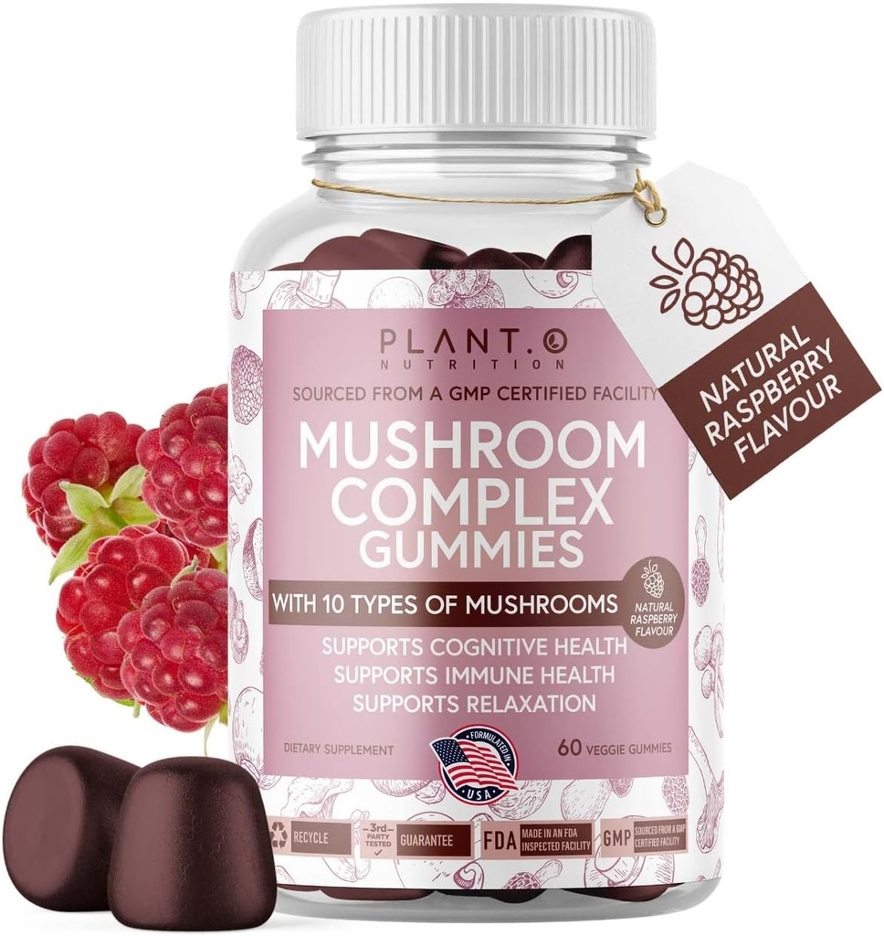 Mushroom Gummies Premium Supplement [10 Mushroom Complex Extract] Delicious & Fast Acting Lions Mane, Reishi, Shiitake Nootrop Brain Support, Immune Support, Mood & Relaxation, 60 Chews