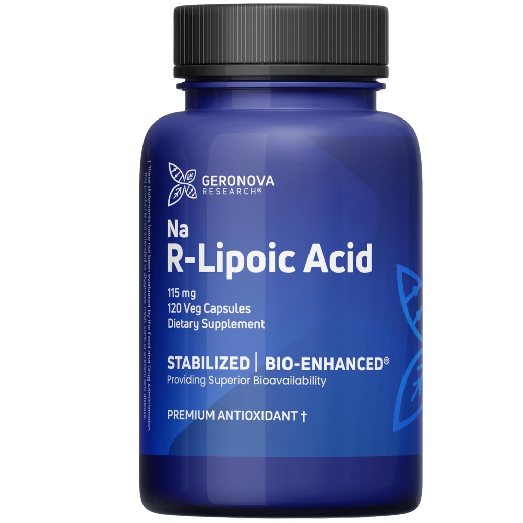 Geronova Research Bio-Enhanced R-Lipoic Acid, 115 mg capsule - 4 luni de aprovizionare - Stabilizat R Alpha Acid lipoic Supliment cu absorbţie sporită - 120 Conte