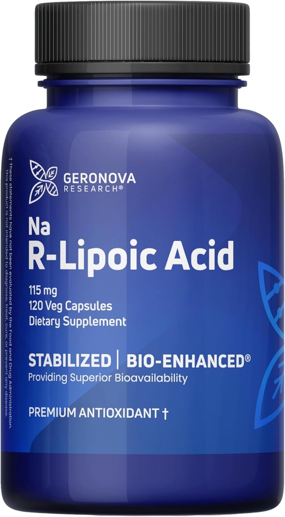 Geronova Research Bio-Enhanced R-Lipoic Acid, 115 mg Capsules - 4 Month Supply - Stabilized R Alpha Lipoic Acid Supplement with Enhanced Absorption - 120 Count