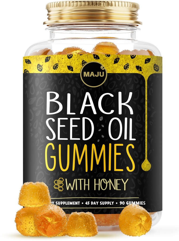 Gumiile de ulei negru de semințe MAJU cu miere 90ct, 500mg BSO Gummy, Black Chimin Seed Nigella Sativa Ulei, Rece-Pressed, Formula potent, 90ct