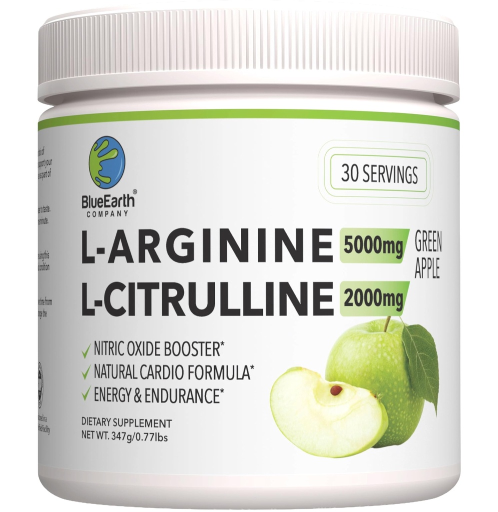 L-Arginină 5000mg + L-Citrulline 2000mg Complex pulbere supliment băutură Mix - oxid de azot Booster pentru sănătatea inimii, fluxul de sânge și energie - 30 Serviri (Apple verde)