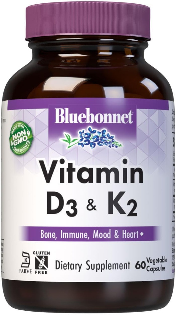 Bluebonnet Nutrition Vitamina D3 & K2, Soy-Free, for Strong-Healthy Bones*, Gluten-Free, Non-GMO, Dairy-Free, Kosher Certified, Vegetarian, 60 Capsule vegetale, 60 Servings
