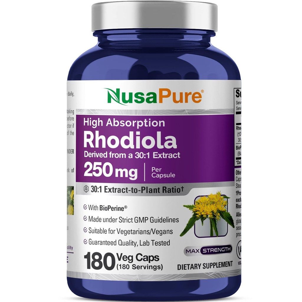 NusaPure Rhodiola Rosea 7,500 mg 180 Capsule vegetale (non-GMO, Extract 30:1, Vegan & Gluten-Free) Bioperină