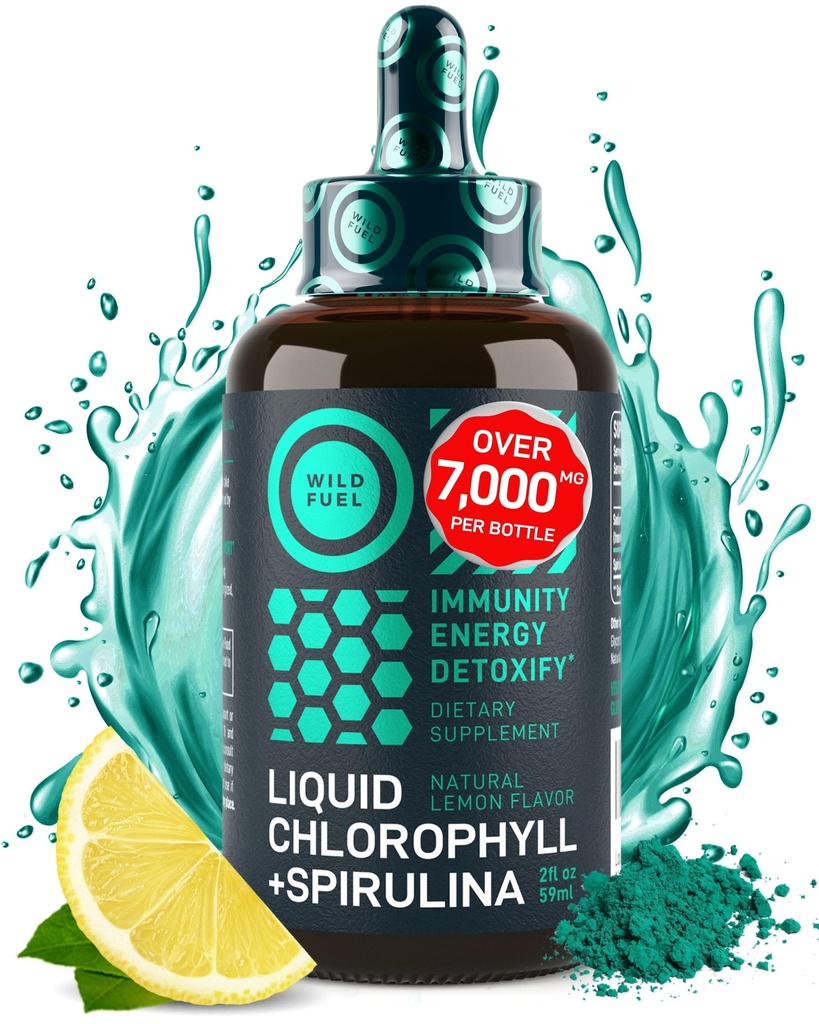 Clorofila lichid picaturi cu Spirulina pentru apă - energie de putere completă, Wellness, supliment de sprijin imunitar - 50mg Clorofill lichid, 12,5mg Spirulina - Lemon Flavor Detox Drink - 2oz, 118 Serviri