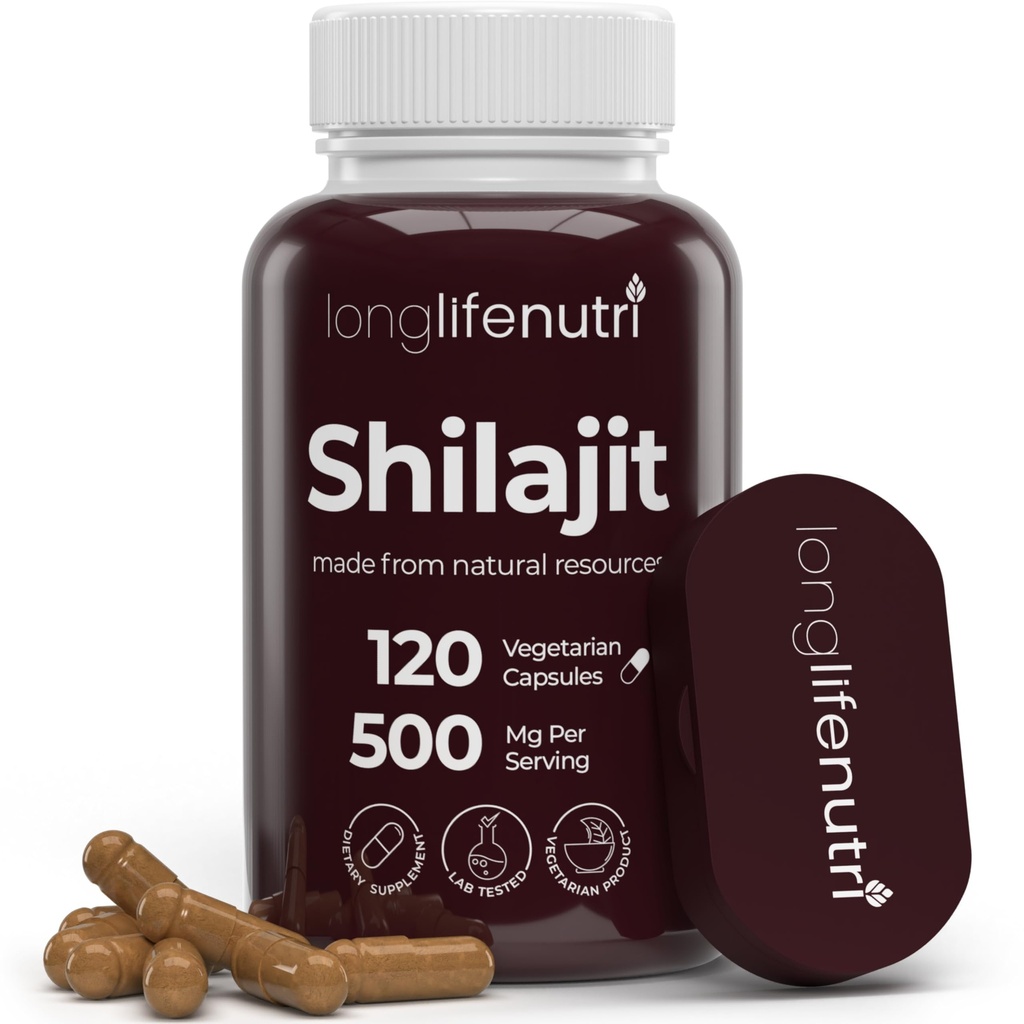Silajit Pure Himalayan Extract 500mg cu 15% Acid fuzelian 500mg - 120 Capsule vegetariane, 4 luni de aprovizionare, Supliment organic pentru Vitality & Mental Clarity, Made in USA, Gluten Free, Non-GMO