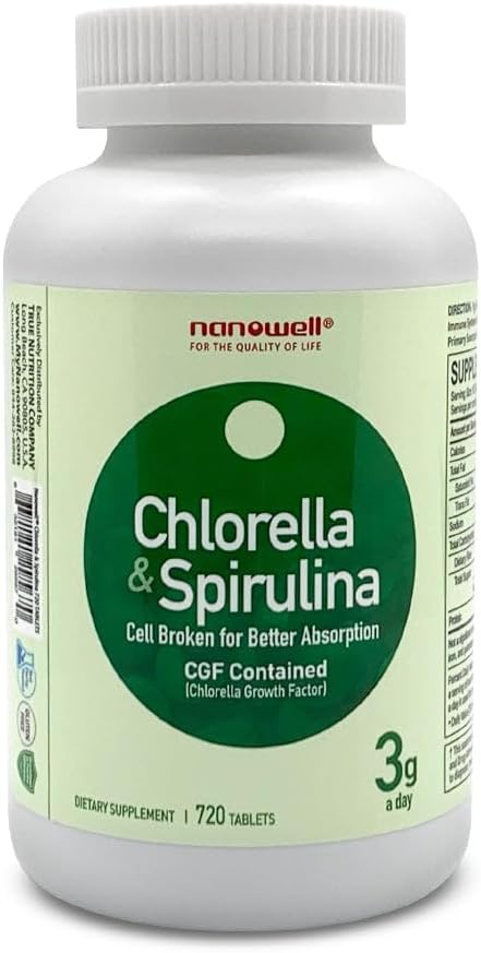 NANOWELL Chlorella & Spirulina 720 comprimate - Chlorella, Spirulina, Antioxidanti, Vitamine, bogat în proteine, Broken Cell Wall (720 Conte)
