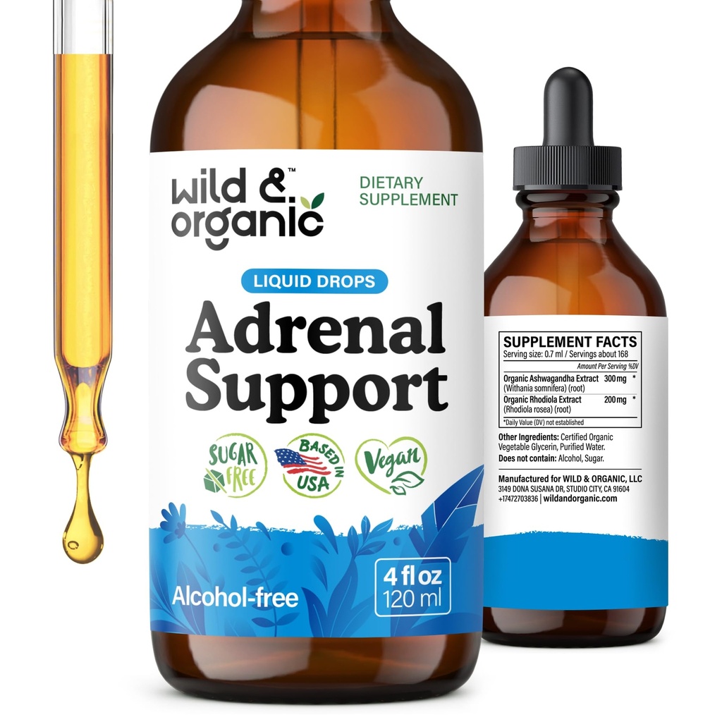 Suport suprarenal sălbatic și organic picături pentru Outlook pozitiv - Suplimente naturale de suport adrenal pentru femei și bărbați - Vegan, fără zahăr și alcool - 2 luni de aprovizionare - 4 fl oz