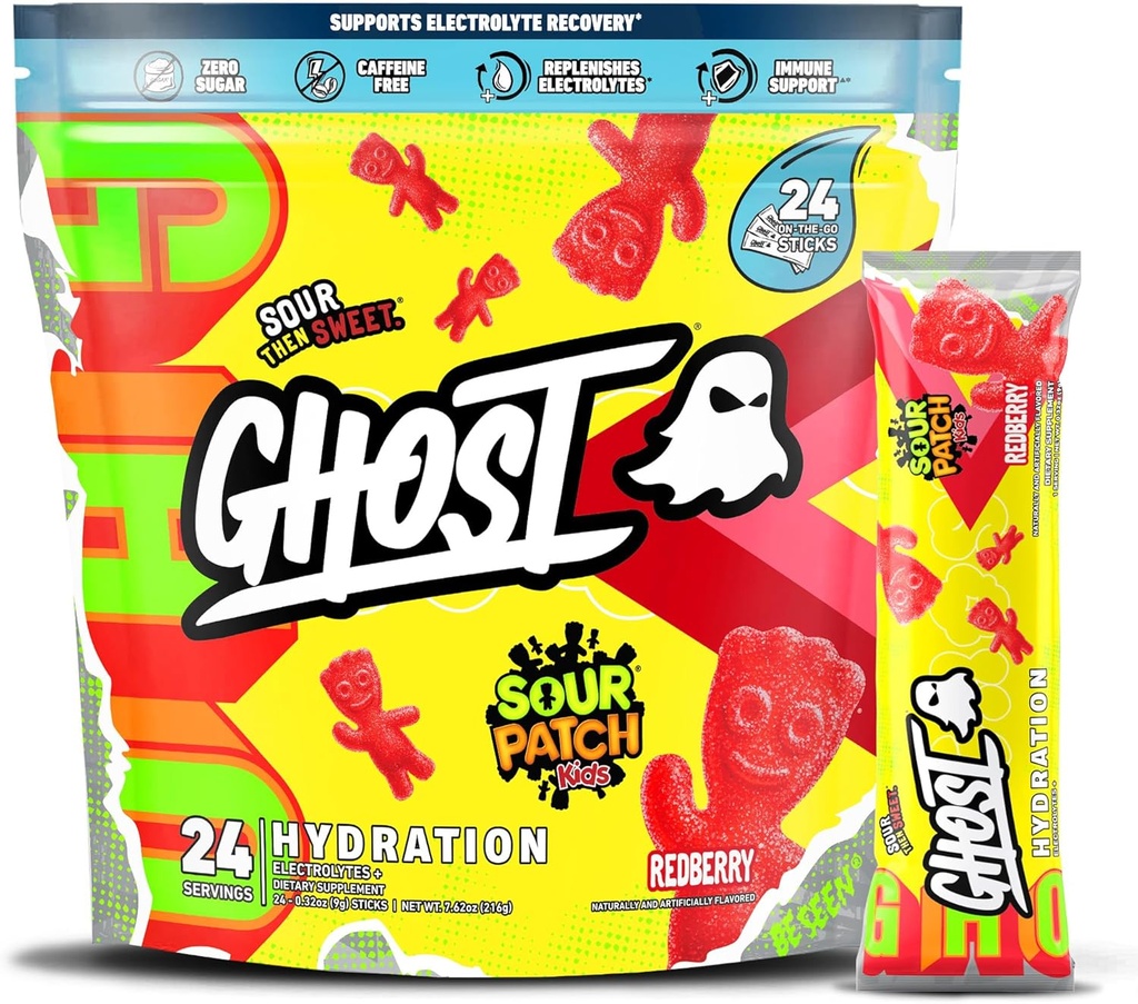 Pachete de hidratare GHOST, Sour Patch Kids Redberry, 24 Sticks, Electrolit pulbere - Băutura Mix Supliment cu magneziu, potasiu, calciu, vitamina C - Vegan, fără soia, zahăr și gluten