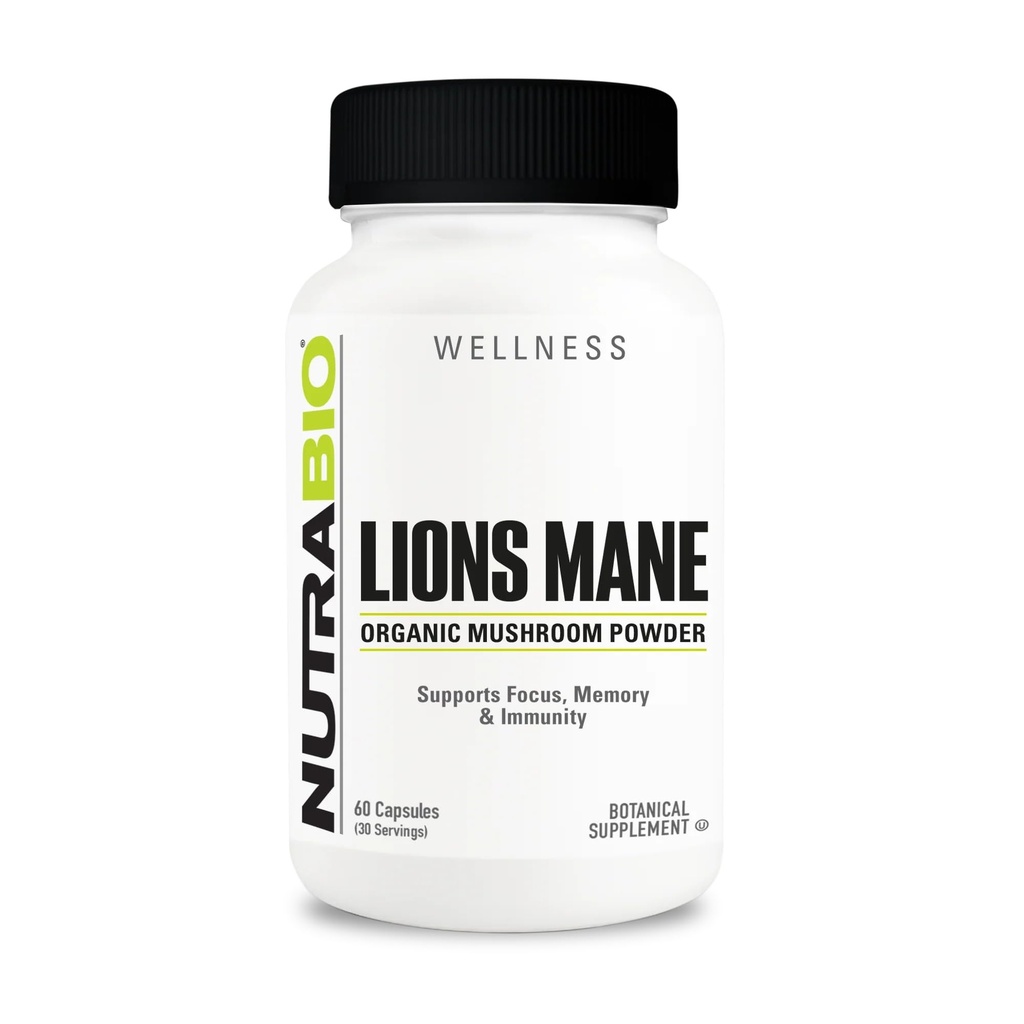 NutraBio Lions Mane Supliment capsule - organic Lion coama praf de ciuperci (500mg) - Focus, memorie, imunitate - 60 capsule vegetale