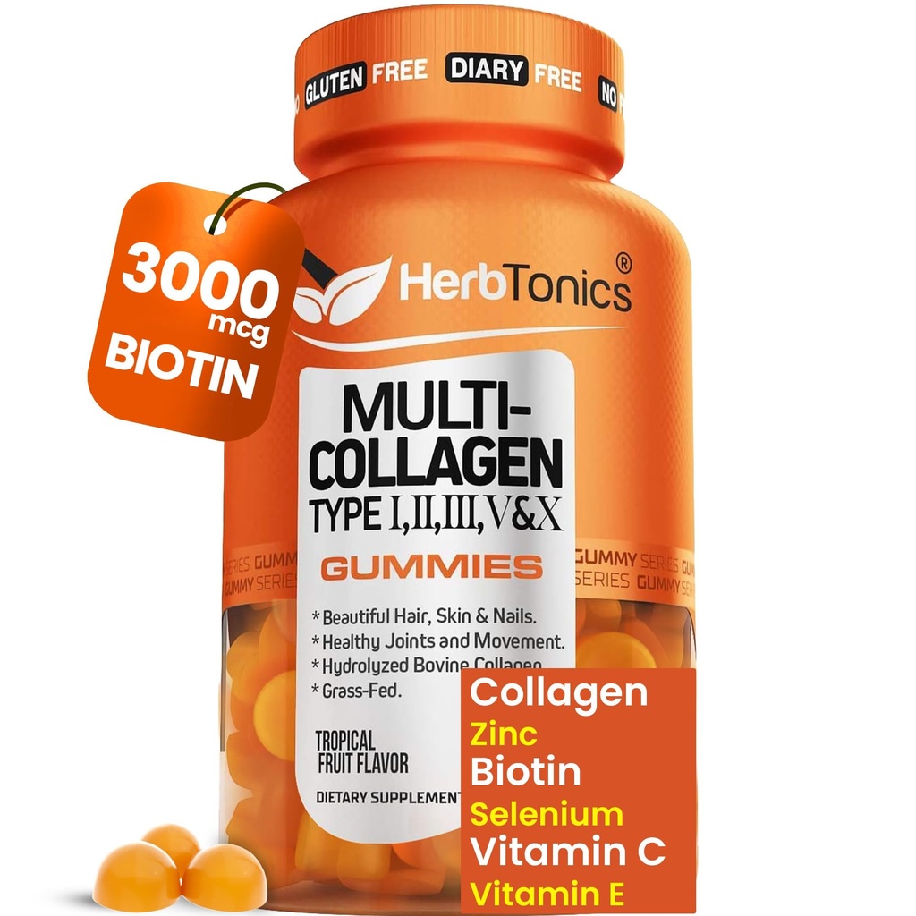 Herbtonics Multi Colagen Gummies cu Biotin & Vitamina C, Colagen Colagen hidrolizat Tipurile I, II, III, V, X pentru par, Piele, Nails, & Os - Aroma tropicala, 60 Gume