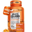 Herbtonics Multi Colagen Gummies cu Biotin & Vitamina C, Colagen Colagen hidrolizat Tipurile I, II, III, V, X pentru par, Piele, Nails, & Os - Aroma tropicala, 60 Gume