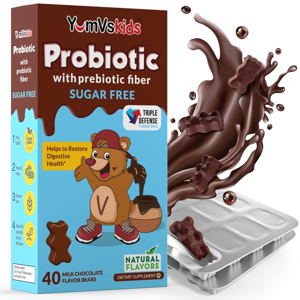 YumVs Probiotice pentru copii cu Prebiotic Fibră de zahăr Suplimente masticabile fără ciocolată - Suplimente dietetice Mestecables pentru Digestive Health - Copii mici, Copii & adolescenti 60 Conte