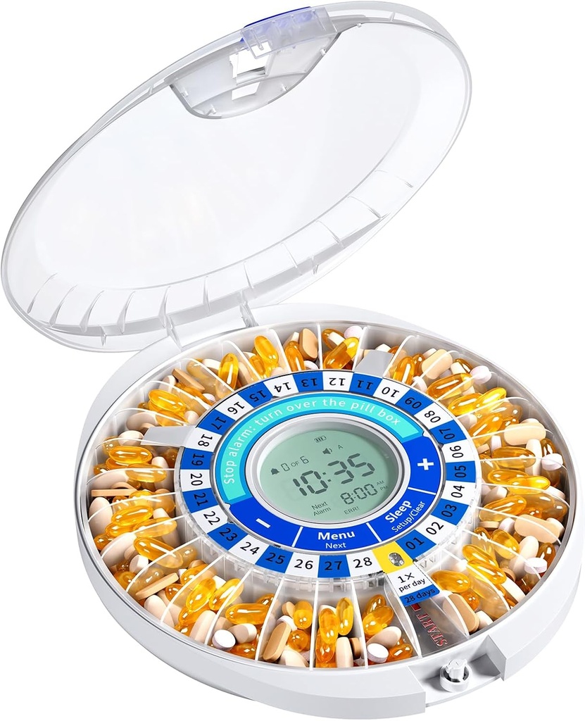 Daviky Automatic Pilula Dispenser pentru persoanele vârstnice cu alarmă, 28-Day Electronic Cutie de pastile cu blocare, Sound & Light Reminders pentru medicamente, vitamine, și suplimente(Blue)