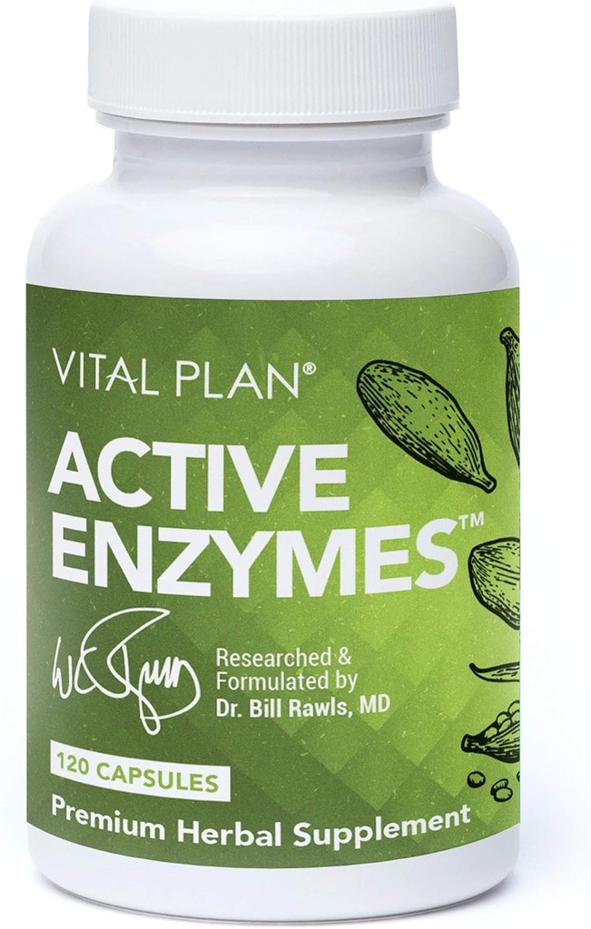 Vital Plan Enzime Active Suplimentul de Dr. Bill Rawls - Enzime digestive pentru sanatate Gut & Digestion - Protează, Bromelain, Lactase, Amylase & Lipase (120 capsule)