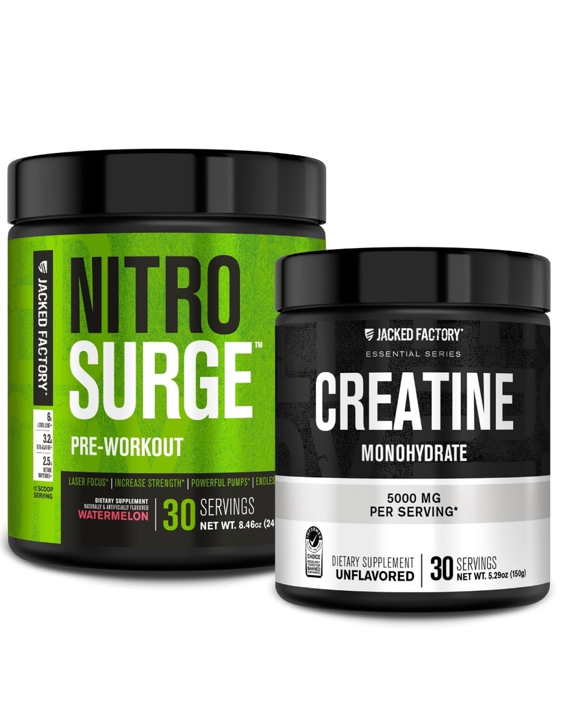 Fabrica de Jacked NITROURGE Suplimentul de pre-workout - Pompe intense (30 Serviri, pepene verde) & Creatină Monohidrat pulbere pentru cresterea musculara (30 Servings, Neflavorizate)