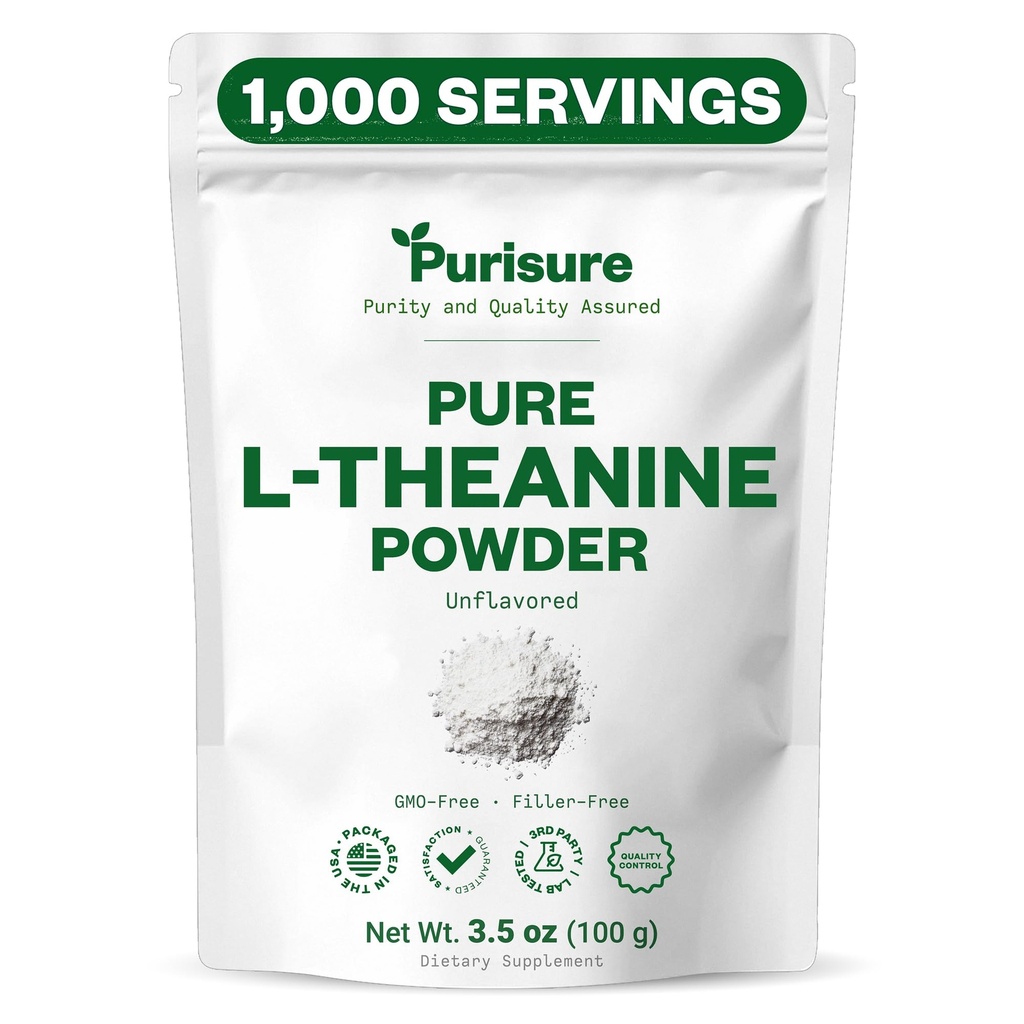 Purisure L-Theanine Powder, 100 g, Pure L Theanine Powder, care promovează relaxarea și concentrarea, Supliment pentru funcția cognitivă, Fără Fillere, Non-GMO, 1000 Servings
