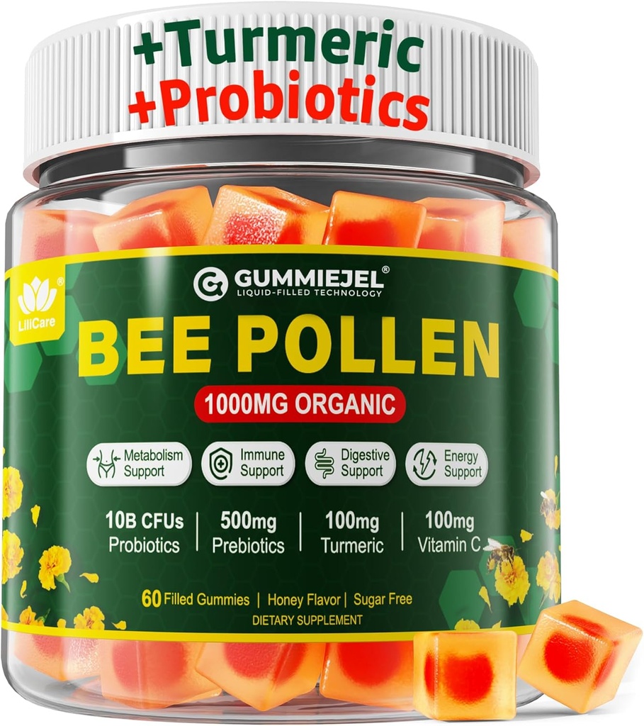 Digestive Health & Weight Bee Polen Organic 1000mg, w/Probiotice, Prebiotice & Turmeric, Bee Polen Gummies Rich in B-Vitamina, Antioxidanti, Aminoacidi, pentru Digestive, Greutate & Energie