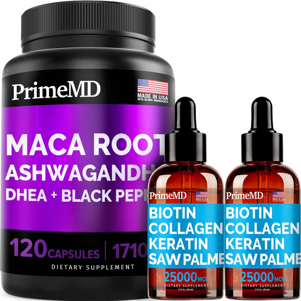 4-in-1 Liquid Biotin Collagen Keratin Saw Palmetto picături (2 fl oz - 2 Pack) & 6-in-1 Maca Root Ashwagandha w Black Pepper Fruit (120ct) Bundle - păr, piele, unghii, energie și supliment de sprijin pentru mood