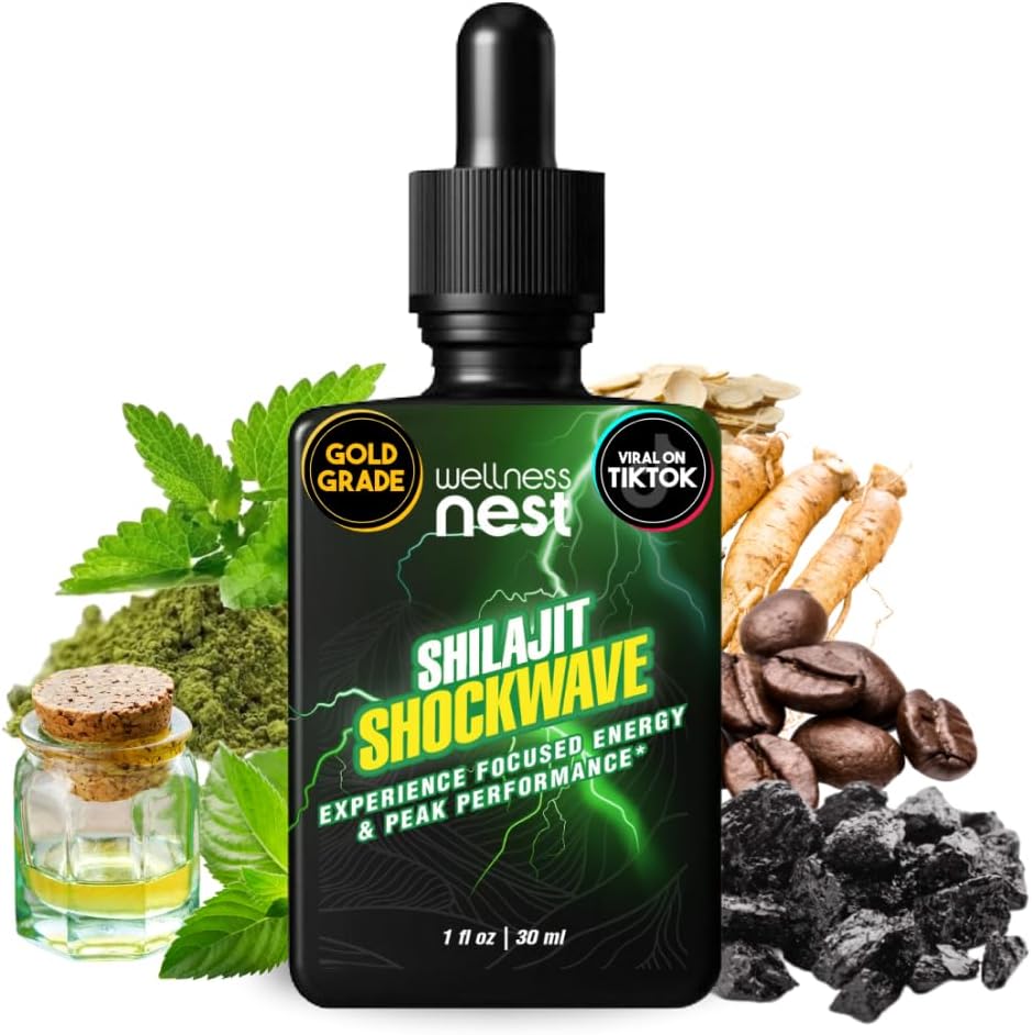 Wellness Nest Shilajit Shockwave Drops: picaturi de energie, focus drops - Pur Himalayan Shilajit cu Tulsi naturale, Panax Ginseng, Peppermint, Japanmint Supercharge Ziua ta - 30 Serviri