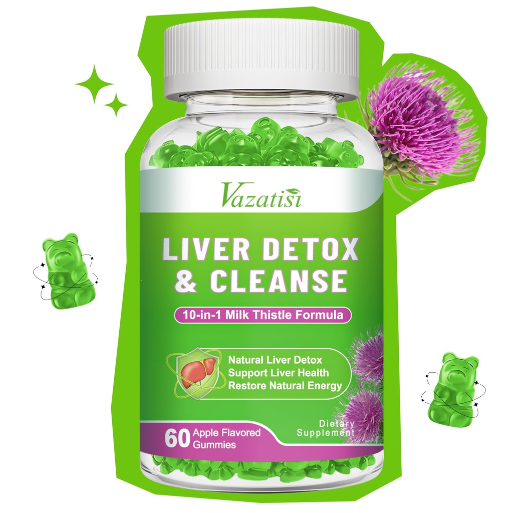 Gumă de mestecat pentru adulţi. Ficat Cleanse Detoxifiere Gummies, Milk Thistle Extract Supliment pentru suport hepatic Antioxidant digestiv, 60ct Apple Flavor