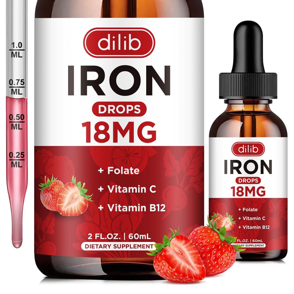 Supliment de fier lichid pentru femei si barbati picatura de fier Suplimente de fier pentru anemie cu Folate, Vitamina C, B12 pentru suport de celule rosii din sange, 2 Fl Oz