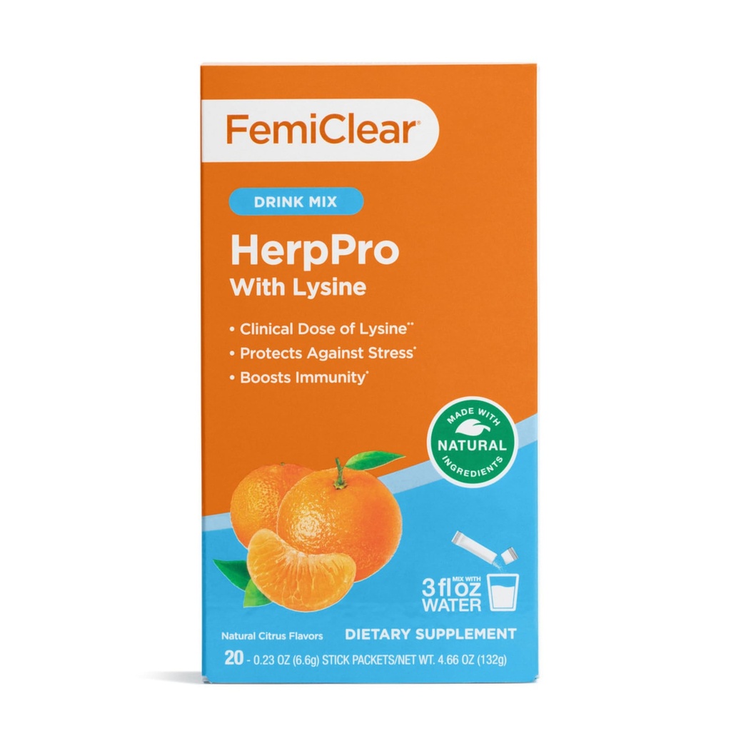 FemiClear HerpPro Drink Mix, cu L-Lysine 3000mg, Zinc, Vitamine A & C, Ashwagandha, Imunitate & Stres Supliment pentru femei si barbati, 20 Stick Packets