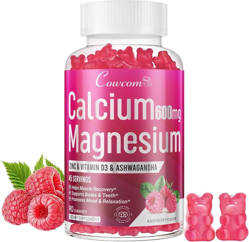 Calciu magneziu Gume de zinc & vitamina D3,B6,B12,Immune & suporting Bone Health Supliment de magneziu de calciu pentru femei, Sugar-Free Vegan aroma de zmeura 90 Counts