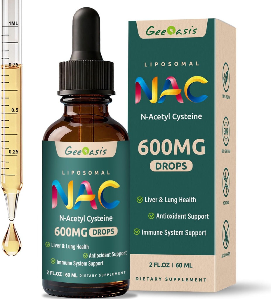 Liposomal Liquid NAC Supliment N-Acetyl Cysteine picături, N Acetil Cysteine 600 mg cu Querbetin & Zinc pentru adulți și copii, Liver & Lung Support, Antioxidant, Imun & Skin Health, 2 Fl Oz