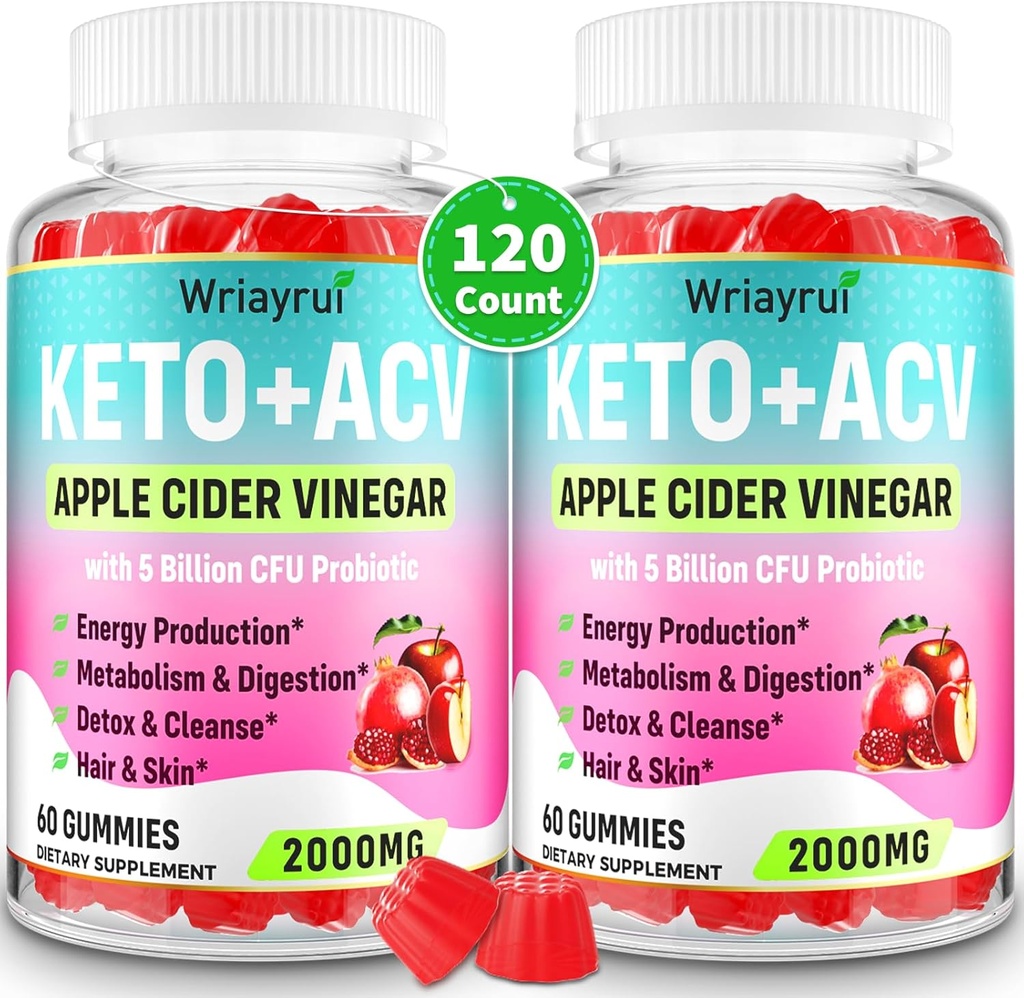 Apple Cider Otegar Gummies, Advanced Keto ACV Gummies, ACV Gummies for Detox, Cleanse, Metabolism & Digestion, Keto Support, Formulated with Green Tea, B6 & B12, Probiotics, 120 Counts