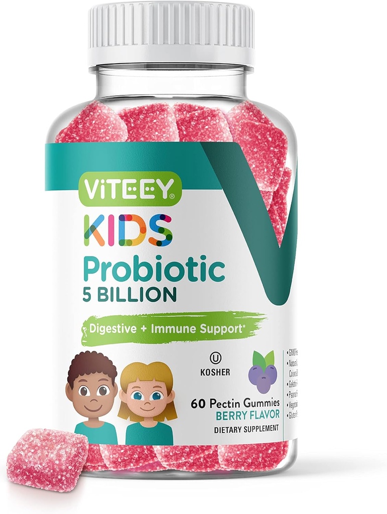 Viteey Gumiile Probiotice pentru copii - 5 miliarde CFU - Probiotice Copii Recuperare Constipație, Natural Immune & Digestive de asistență medicală - Vegetarian, Gelatină Gratuit, OMG liber - Gummy gustoase Berry aroma
