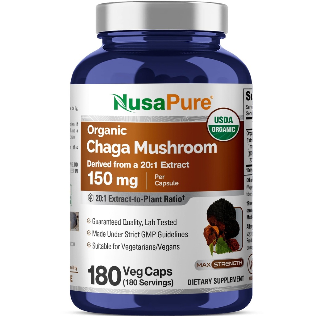 NusaPure Chaga Mushroom 20:1 Extract, 150 mg echivalent cu 3000 mg per Capsule Veggie, 180 Conte, USDA Organic, Vegan, Non-GMO