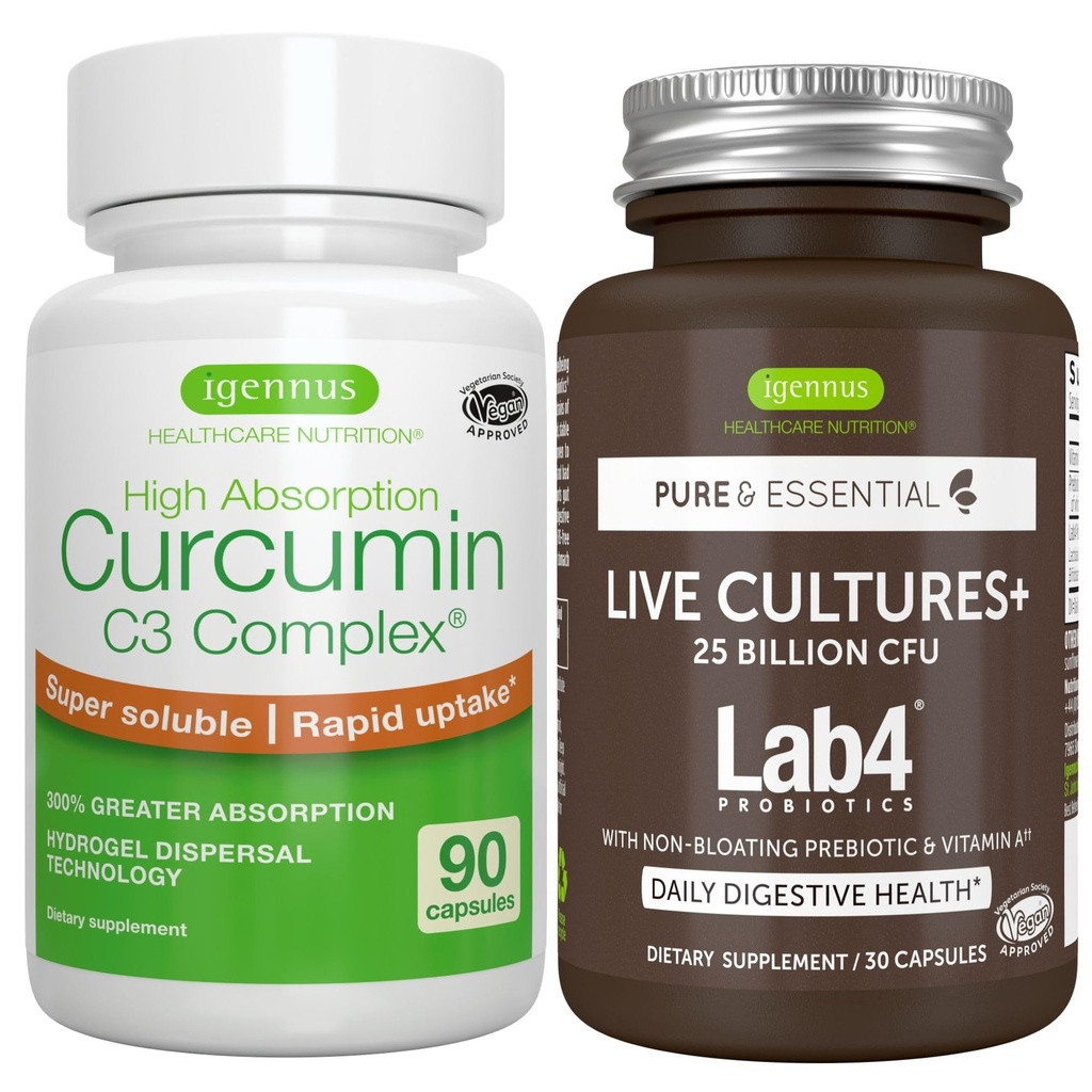 Cultura vie. Probioticele Lab4 + Curcumina de înaltă absorbţie Complexul Vegan Bundle, 25 Miliarde CFU Probiotic, Prebiotic non-bloating + 300% Curcuminoide de absorbţie mai mare cu Uptake rapid, de Igennus