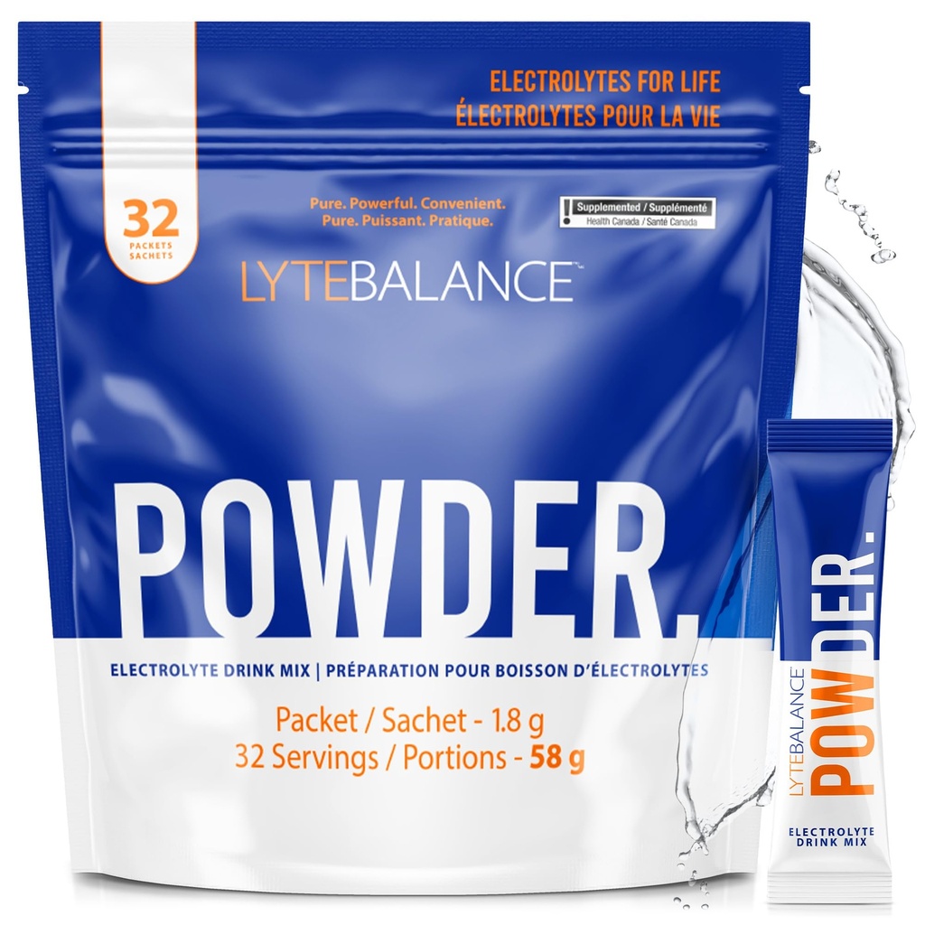 LYTE BALANCE Powder 32 Pachete de dublă rezistență, natural sărat Electrolyte Drink Mix w/Sodium, Potasiu & Magneziu 