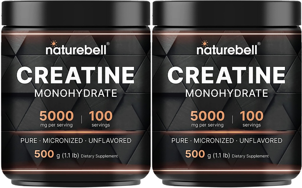 NatureBell 2 Pack Creatină monohidrat pulbere 500g, 5000 mg per servire 