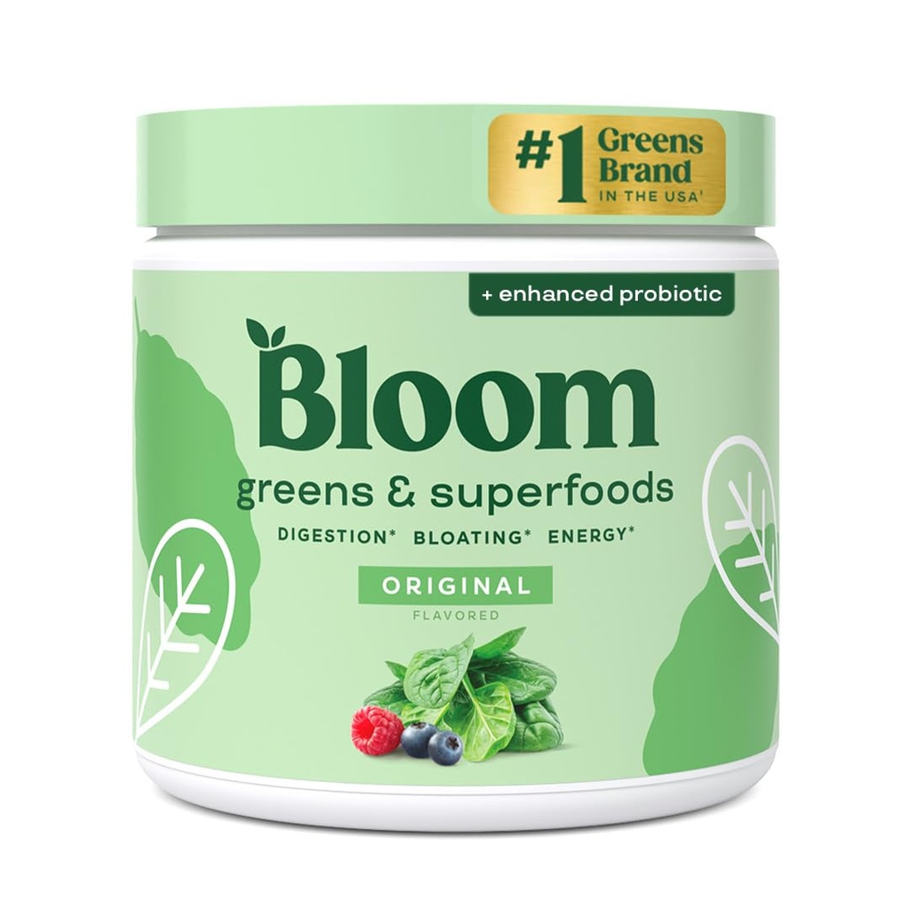 Bloom Nutrition Superfood Greens Powder, Enzime digestive cu Probiotice și Prebiotice, Sanatate Gut, Blaating Relief pentru femei, Chlorella, Green Juice Mix cu Root Powder, 30 SVG, Original