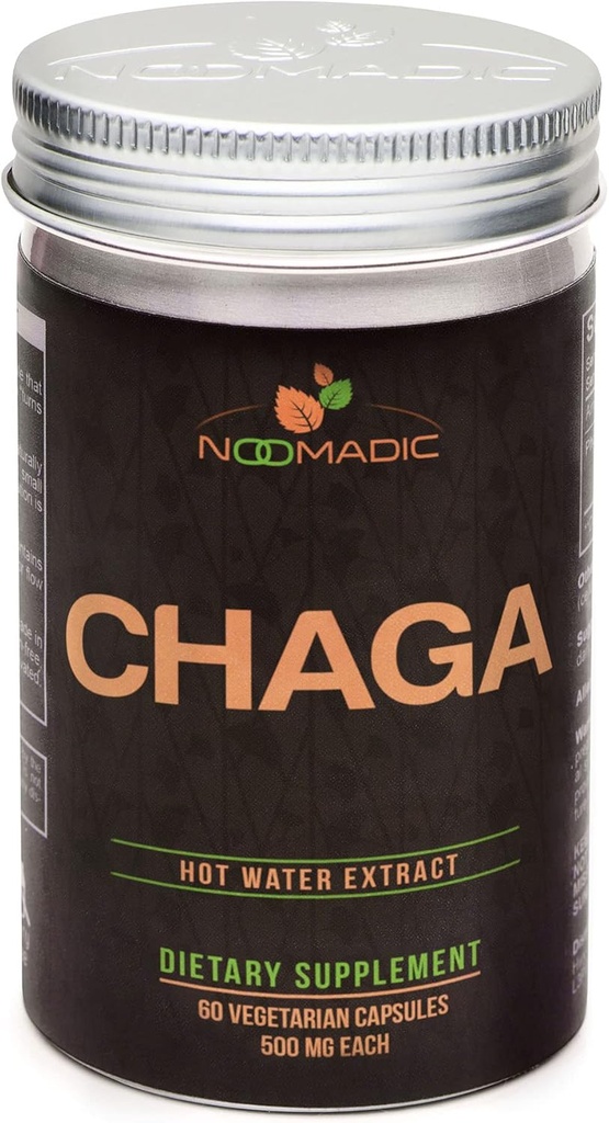 Noomadic Chaga ciuperci, 60 capsule, 500 mg fiecare, suport antioxidant și imun, extract de apă caldă, organisme fructifere, 30% beta-D-glucani