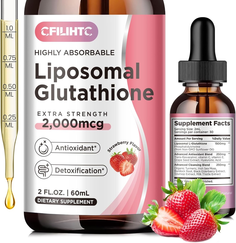 Liposomal Glutatione Picături lichide, Glutatione Supliment lichid, Forma activa L- Glutatione, cu vitamina C, Detoxifiere hepatica, Antioxidant pentru anti- imbatranire, Imune & Curatare, Aroma de capsuni, 2 FL.OZ