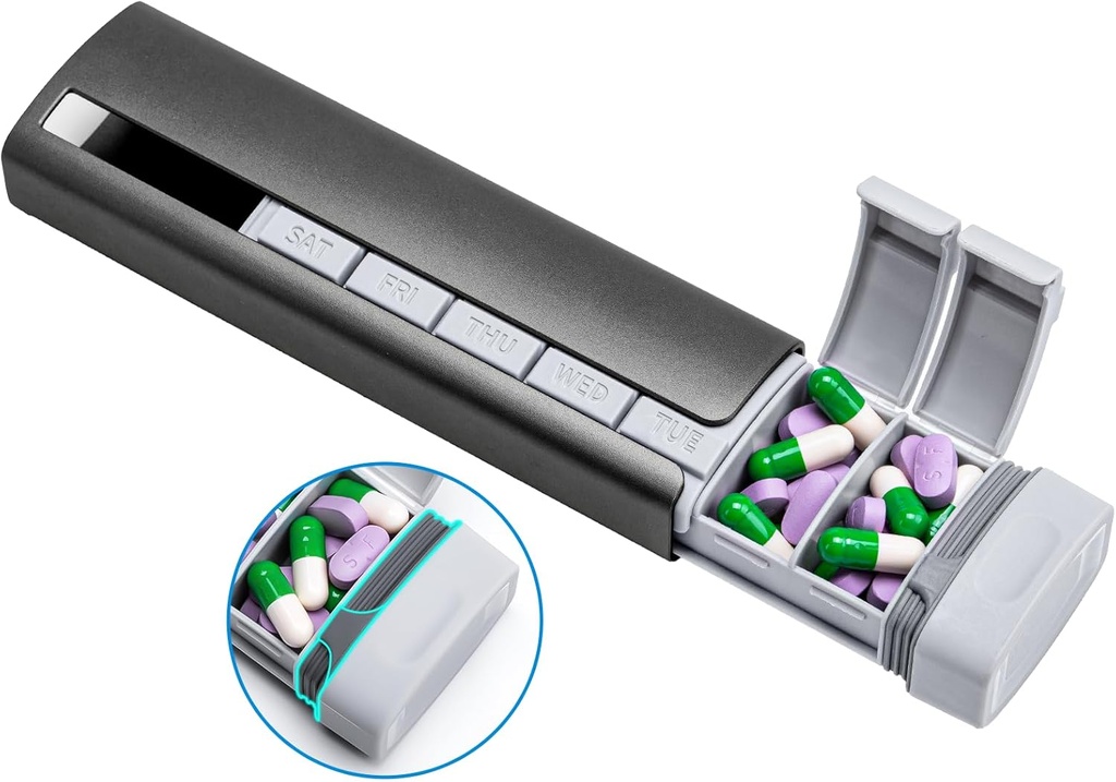 Daviky Metal Travel Pill Organizator, Premium Aluminum Pilula 7 zi, Weekly Daily Pill Case, Stilish & Cute Pill Holder for Medicines, Supplements and Vitamins (Gray)