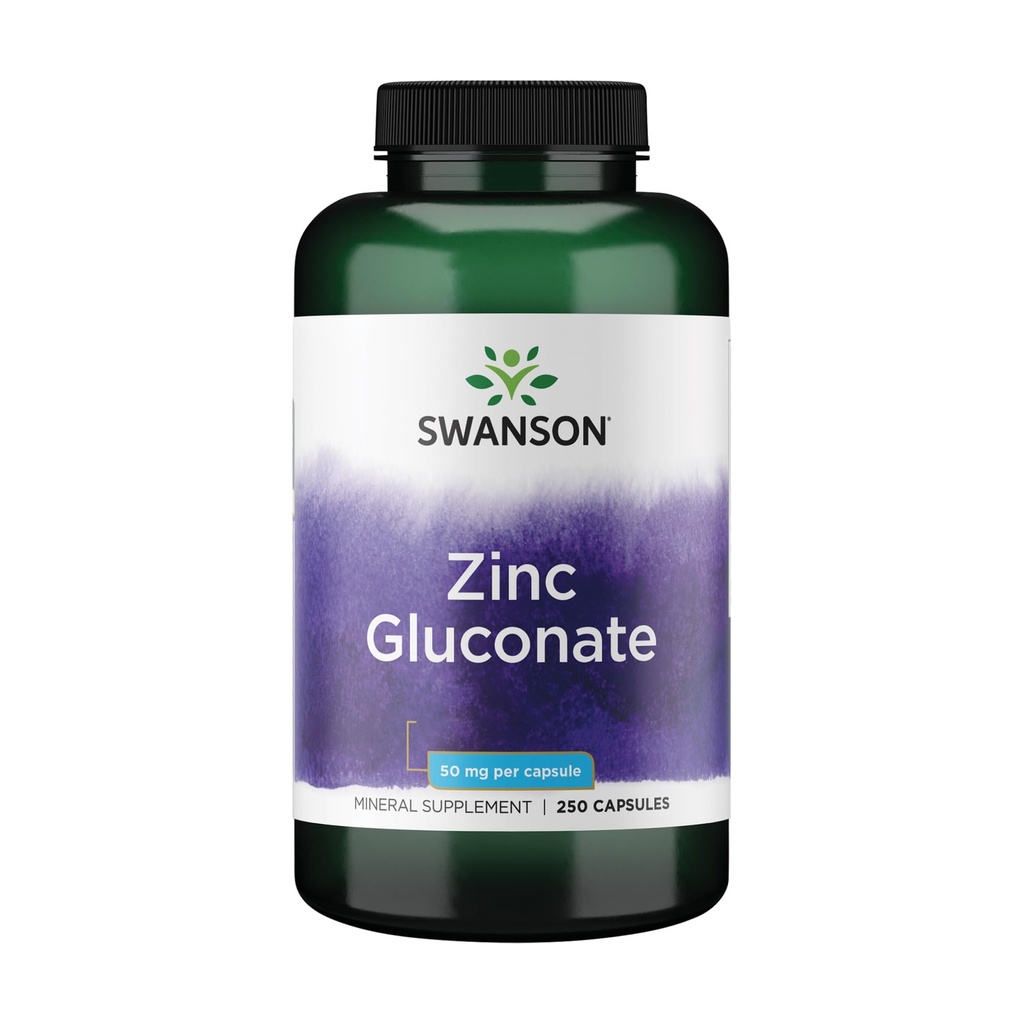 Swanson Zinc Gluconat - Suplimentul mineral Promovarea sanatatii prostatei, Vision Health, & Suport Imun - Formular Gluconat pentru Absorbtie Optimala - (250 capsule, 50mg fiecare)