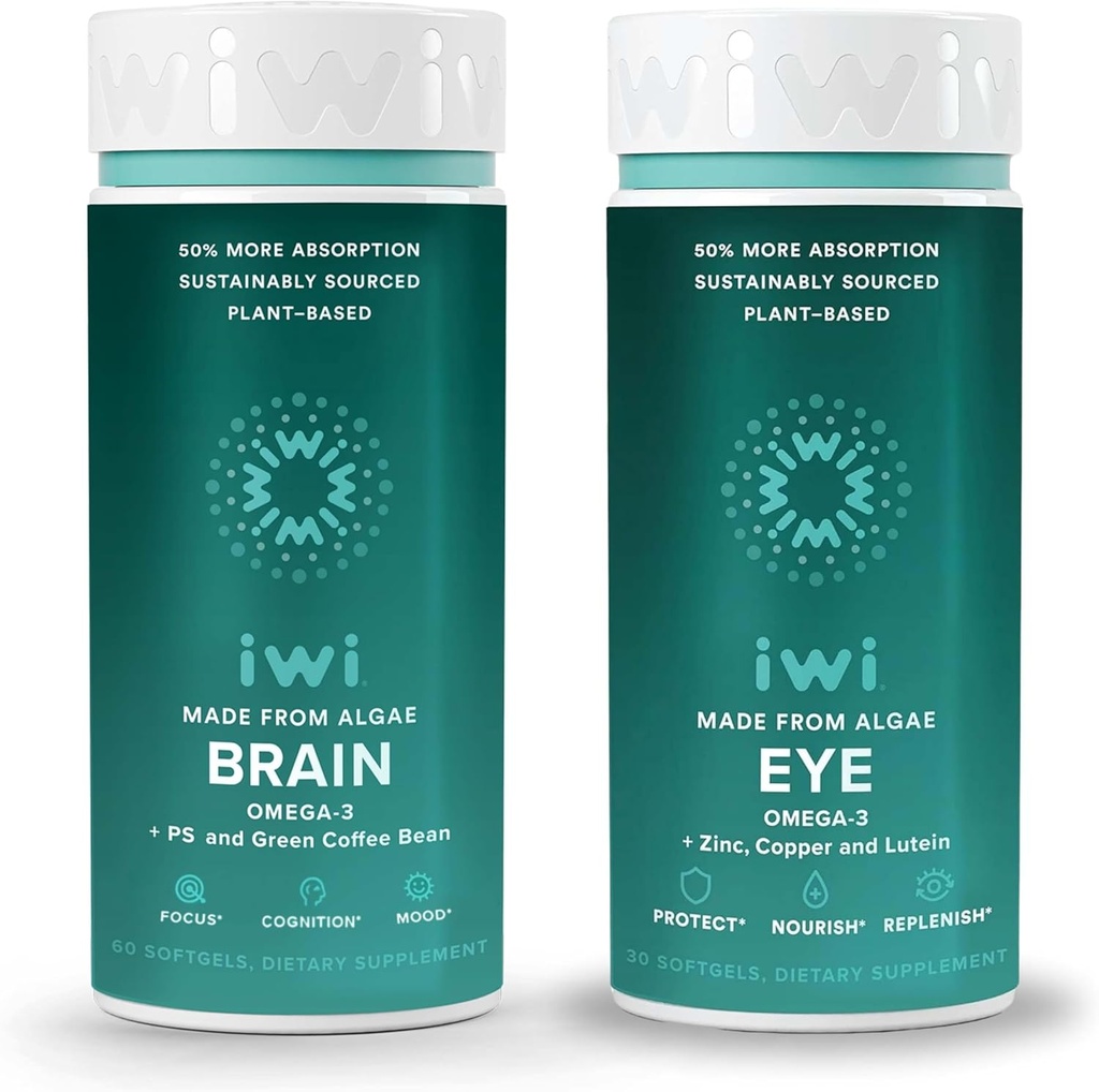 Iwi Life Brain & Eye Omega-3 Bundle, 30 Servings, Vegan-Based plante Algae Omega 3 cu EPA + DHA, Krill & Fish Oil Alternative, No Fishy Aftergust