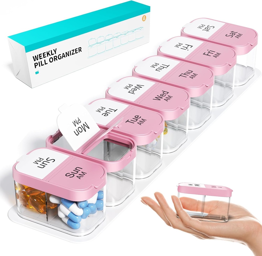 Odaro Extra Large Weekly Pill Organizator 2 ori pe zi, Pilula cutie 7 zi Am pentru a ține zilnic medicamente vitamine și suplimente - roz