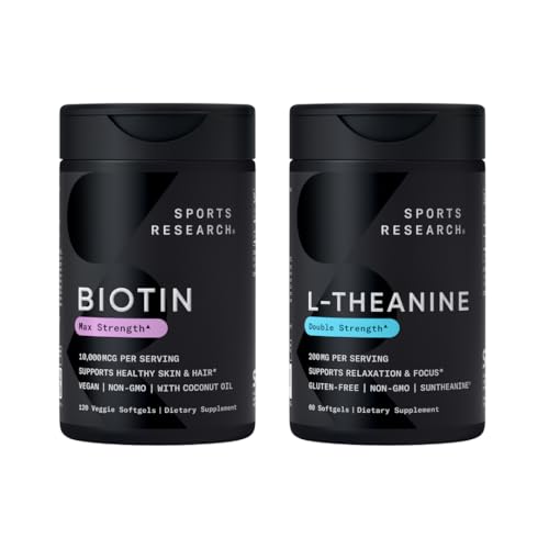 Cercetare sportivă Vegan Biotin 10.000mcg cu ulei de nucă de cocos Putere maxima Vitamina B7 120 Softgels (4 lună de aprovizionare) și dublă putere Supliment L-Theanină pentru concentrare, relaxare și alertă 200mg 60 Conte