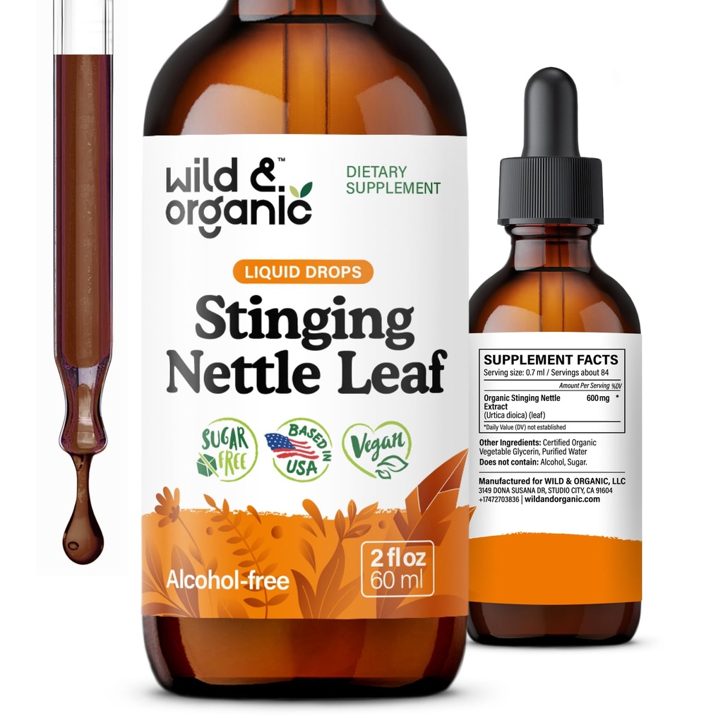 Picăturile de extract de frunze de Nettle Stinging Wild & Organic - Suportul pentru tractul urinar - Suplimentul pentru Nettle Stinging lichid - Urtica Dioica Tincture - 2 Month Supply - Vegan, Sugar & Alcohol-Free - 2 fl oz
