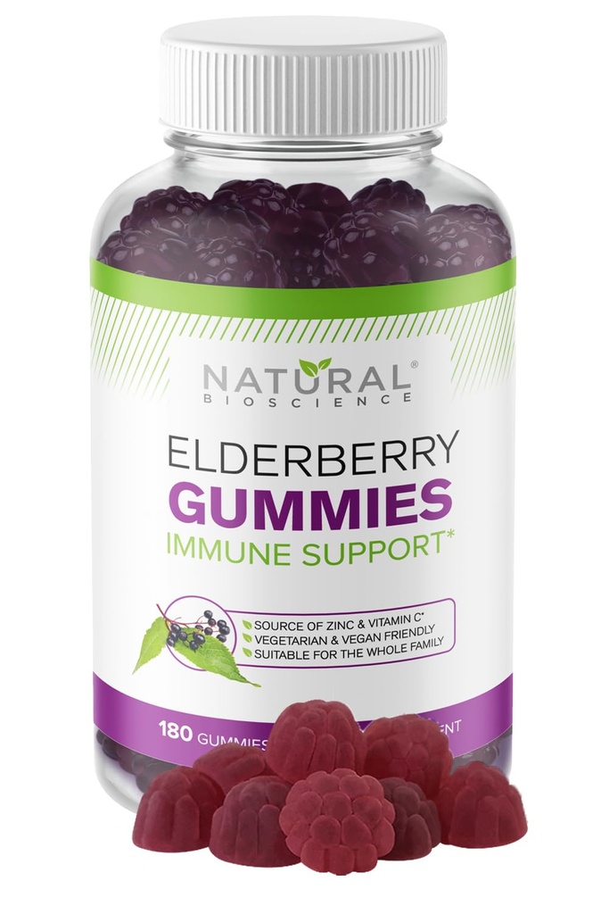 Natural BioScience Sambucus gume de soc cu vitamina C & Zinc, Suport imunitar pentru adulți și copii, Zilnic Antioxidant & Wellness Boost, 180 Vegan, Gluten-Free, Chembable Elderberry Gummies