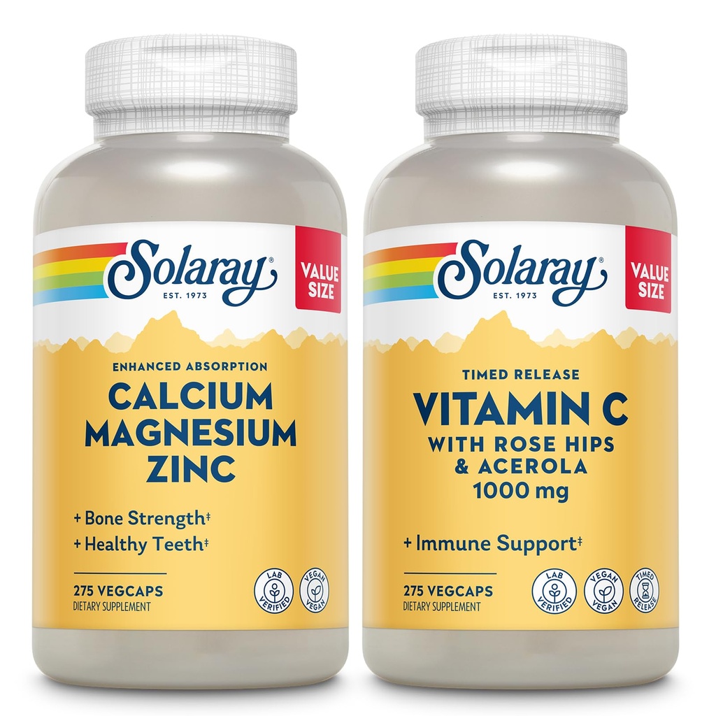 SOLARAY calciu magneziu zinc şi timp de eliberare vitamina C - Bone Health, Immune Support Bundle, 1000 mg calciu, 500mg magneziu, 1000mg vitamina C Supliment, Vegan, 60-zi Garanţie, 275 VegCaps fiecare